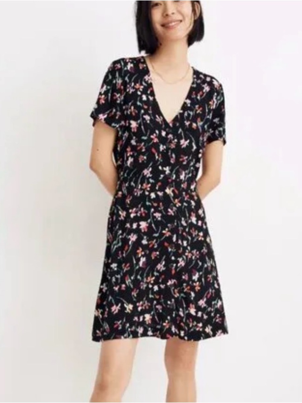 Black Floral Button-Front Short Sleeve Dress Madewell 16 XL XXL